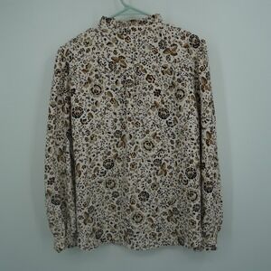 Ann Taylor Floral Blouse Womens XL Pink Brown Mock Neck Long Sleeve Ruffle Cuff